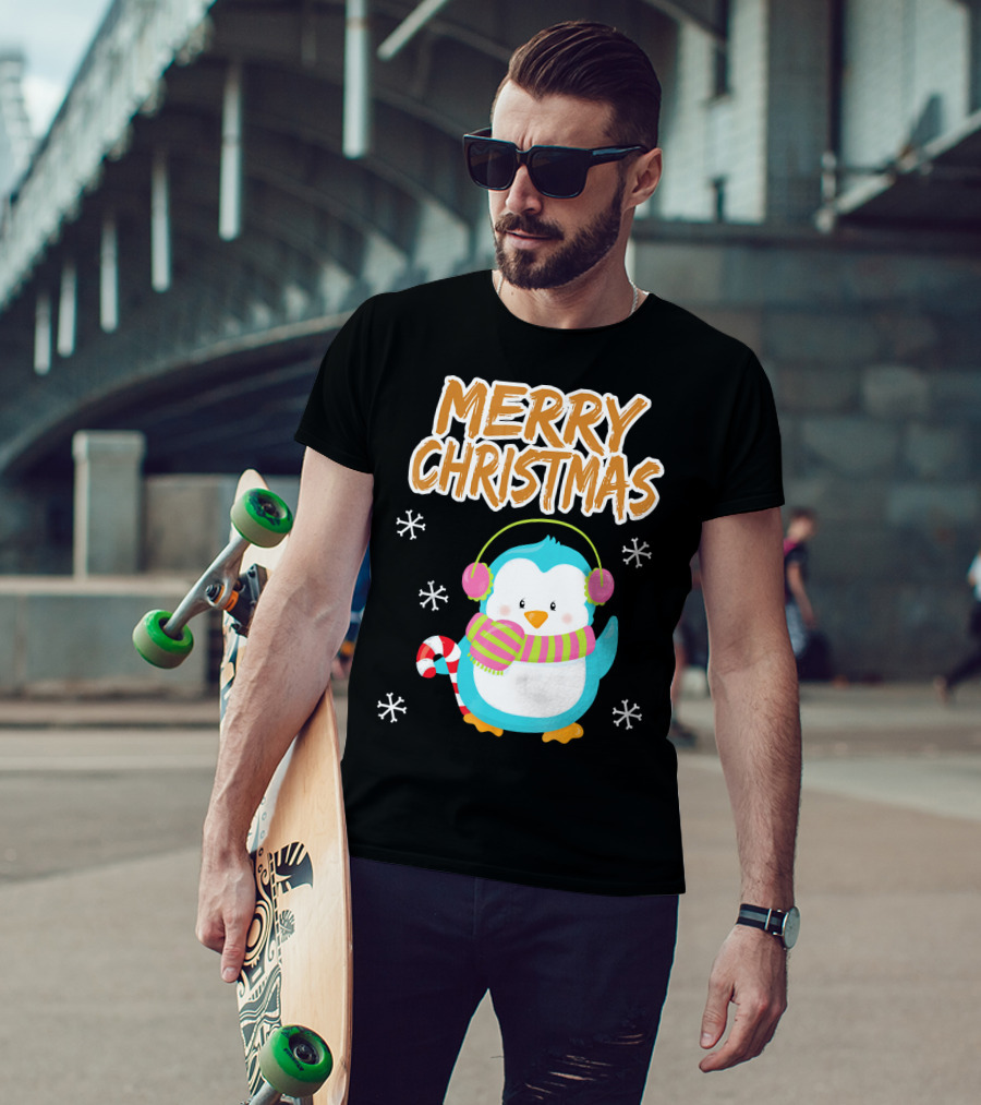 Merry Christmas Penguin With Candy Cane And Snowflakes T-Shirt