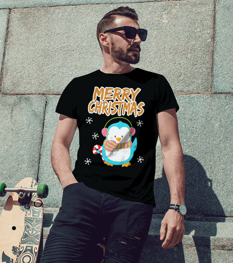 Merry Christmas Penguin With Candy Cane And Snowflakes T-Shirt