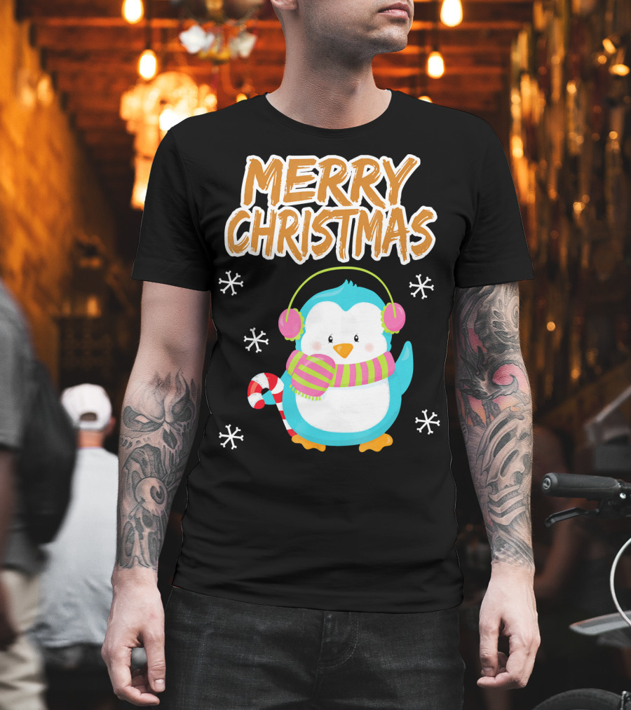 Merry Christmas Penguin With Candy Cane And Snowflakes T-Shirt