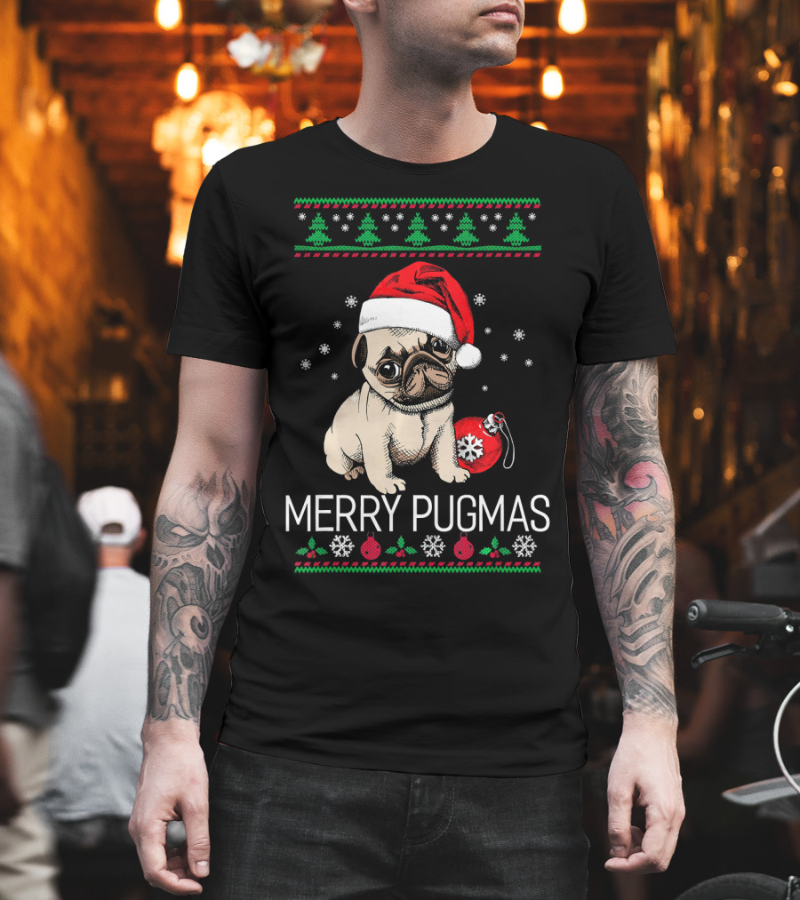 Merry Pugmas Santa Pug With Christmas Trees And Ornaments T-Shirt