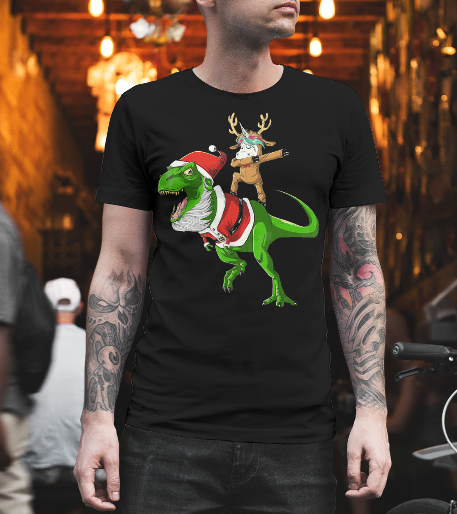 Unicorn Dabbing On Dinosaur Santa With Antlers T-Shirt