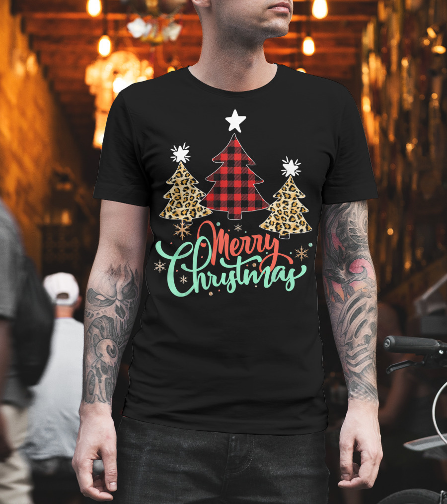 Merry Christmas Leopard Plaid Tree T-Shirt