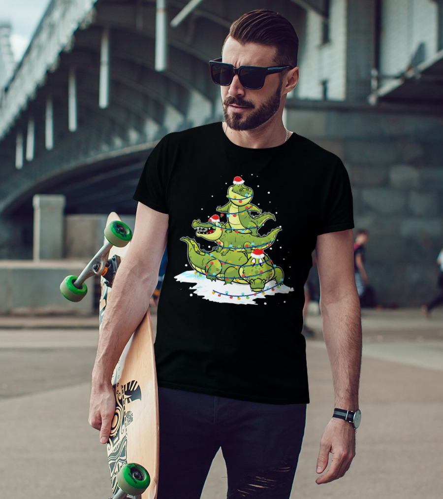 Alligator Santa Christmas Light Tree Festive Holiday Scene T-Shirt