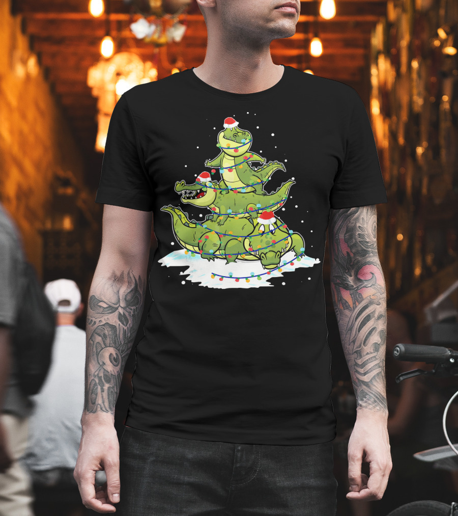 Alligator Santa Christmas Light Tree Festive Holiday Scene T-Shirt