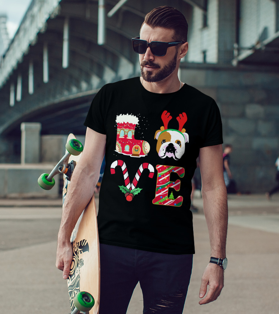 Love My English Bulldog Christmas Holiday Antlers Candy Cane T-Shirt