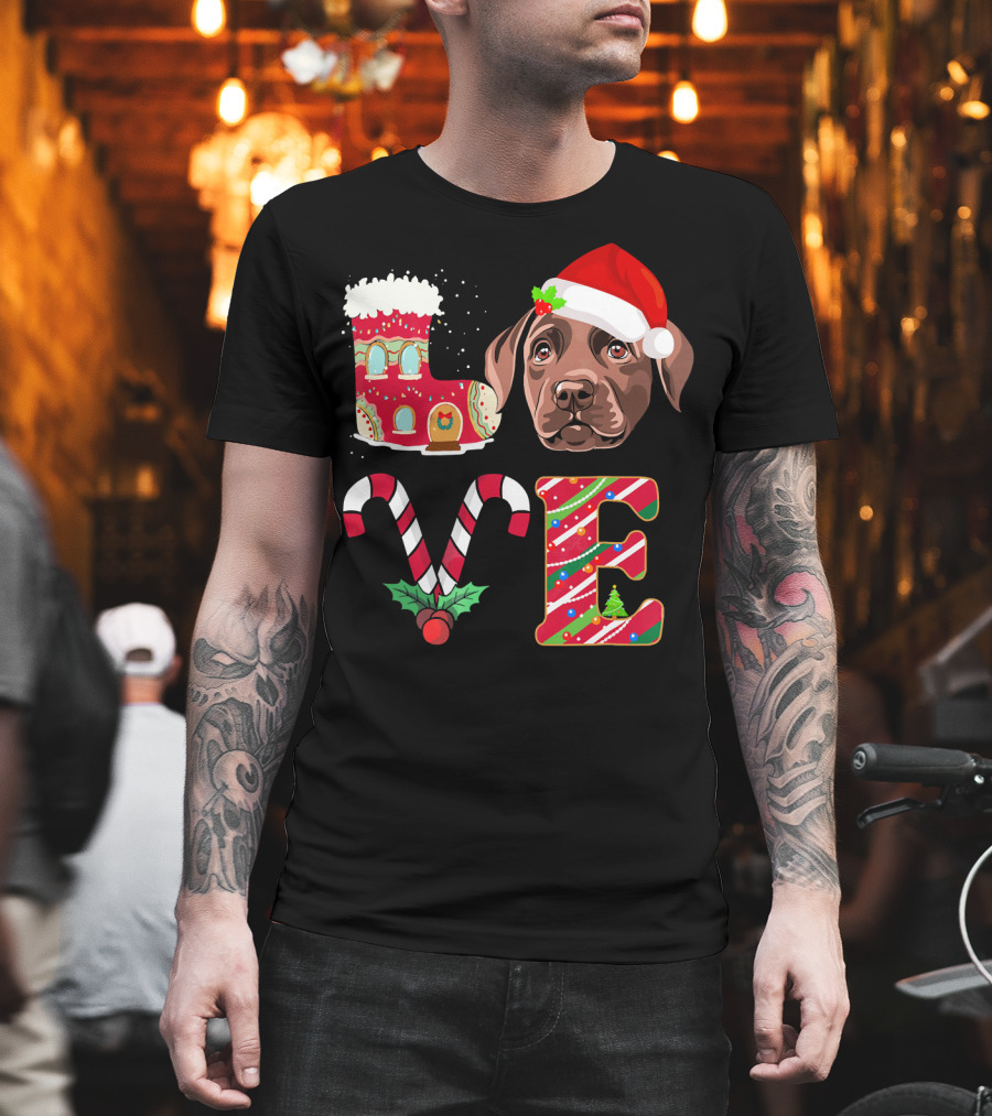 I Love My Chocolate Labrador Christmas Theme with Santa Hat and Candy Cane Decorations T-Shirt