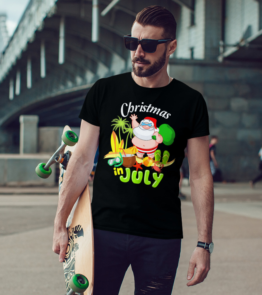 Christmas In July Santa With Surfboards, Palm Trees, Tropical Drinks, And Beach Accessories T-Shirt
