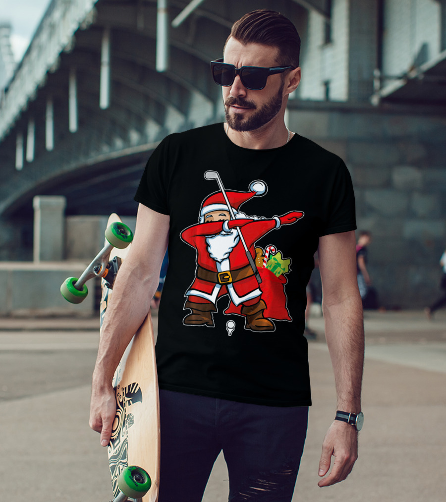 Christmas Dabbing Golf Santa With Gift Bag And Candy Cane T-Shirt