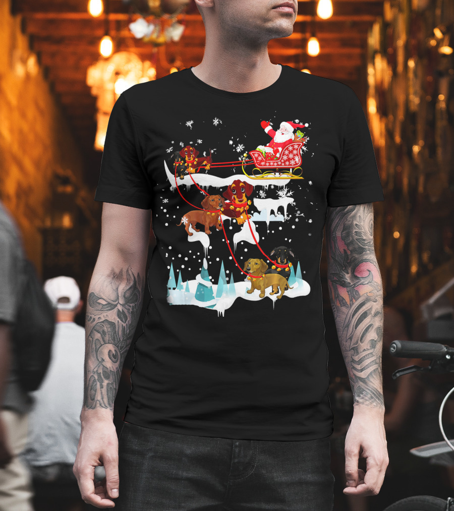 Santa Sleigh with Dachshund Reindeer Christmas Scene T-Shirt