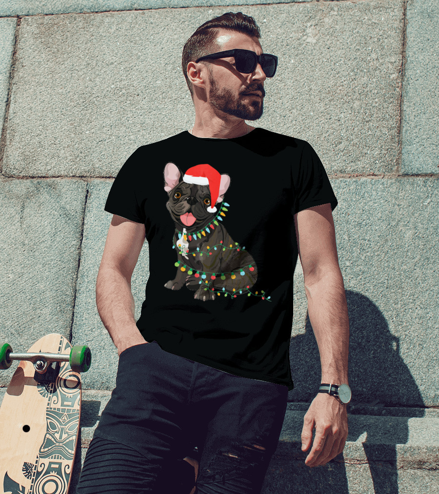 Santa French Bulldog Tangled In Christmas Lights T-Shirt