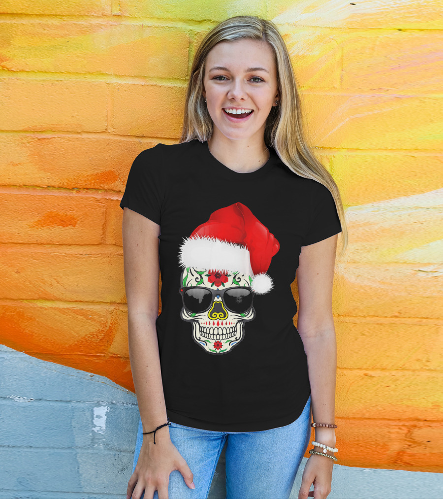 Christmas Santa Hat Day Of The Dead Sugar Skull Suga T-Shirt