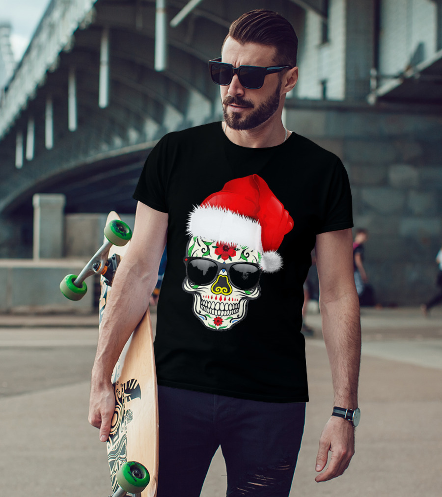 Christmas Santa Hat Day Of The Dead Sugar Skull Suga T-Shirt