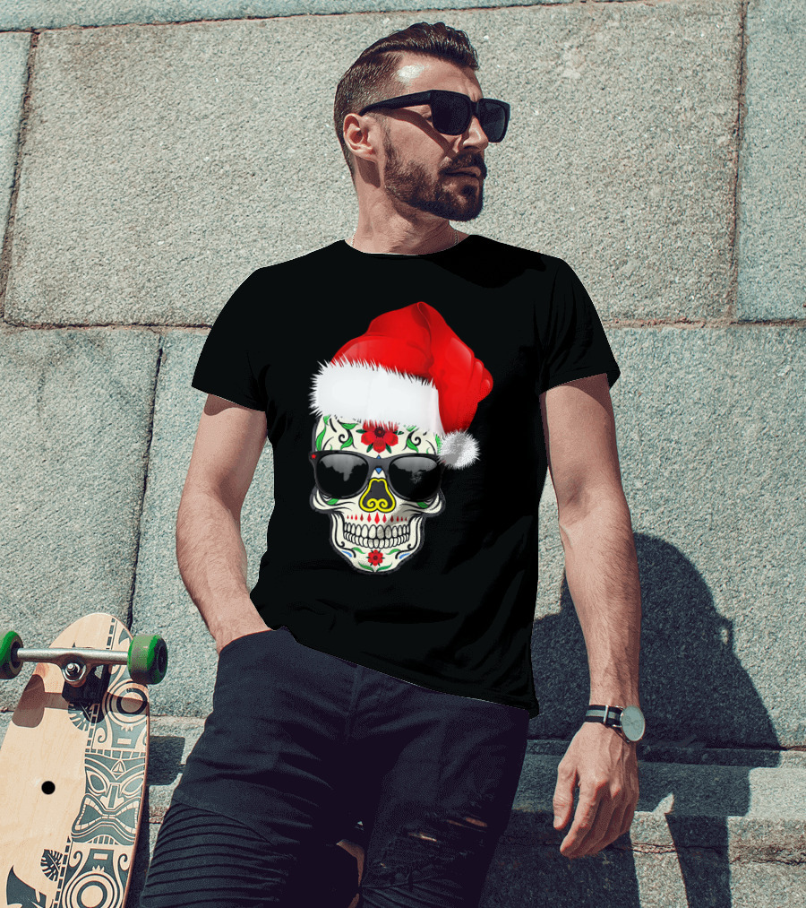 Christmas Santa Hat Day Of The Dead Sugar Skull Suga T-Shirt