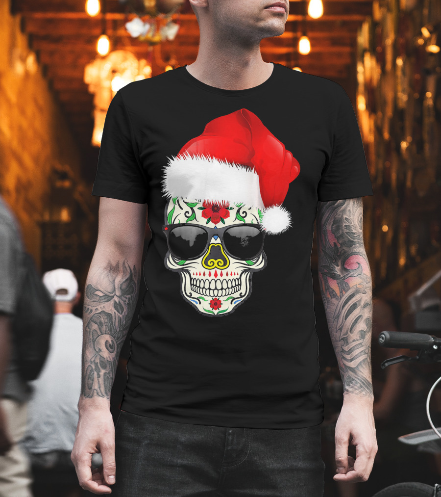 Christmas Santa Hat Day Of The Dead Sugar Skull Suga T-Shirt