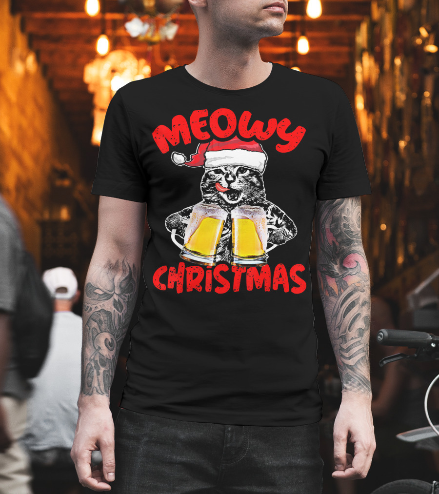 Meowy Christmas Funny Meow Drinking Beer Cat T-Shirt