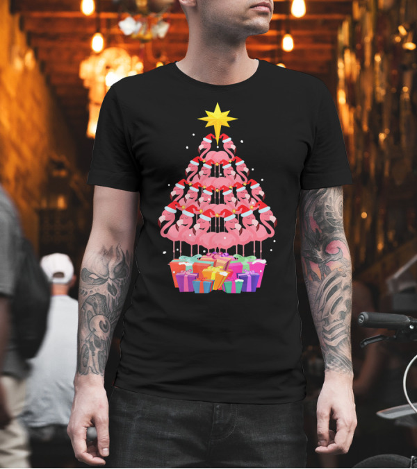 Flamingo Santa Hat Christmas Tree with Gifts and Star T-Shirt Flamingo Santa Hat Christmas Tree with Gifts and Star T-Shirt