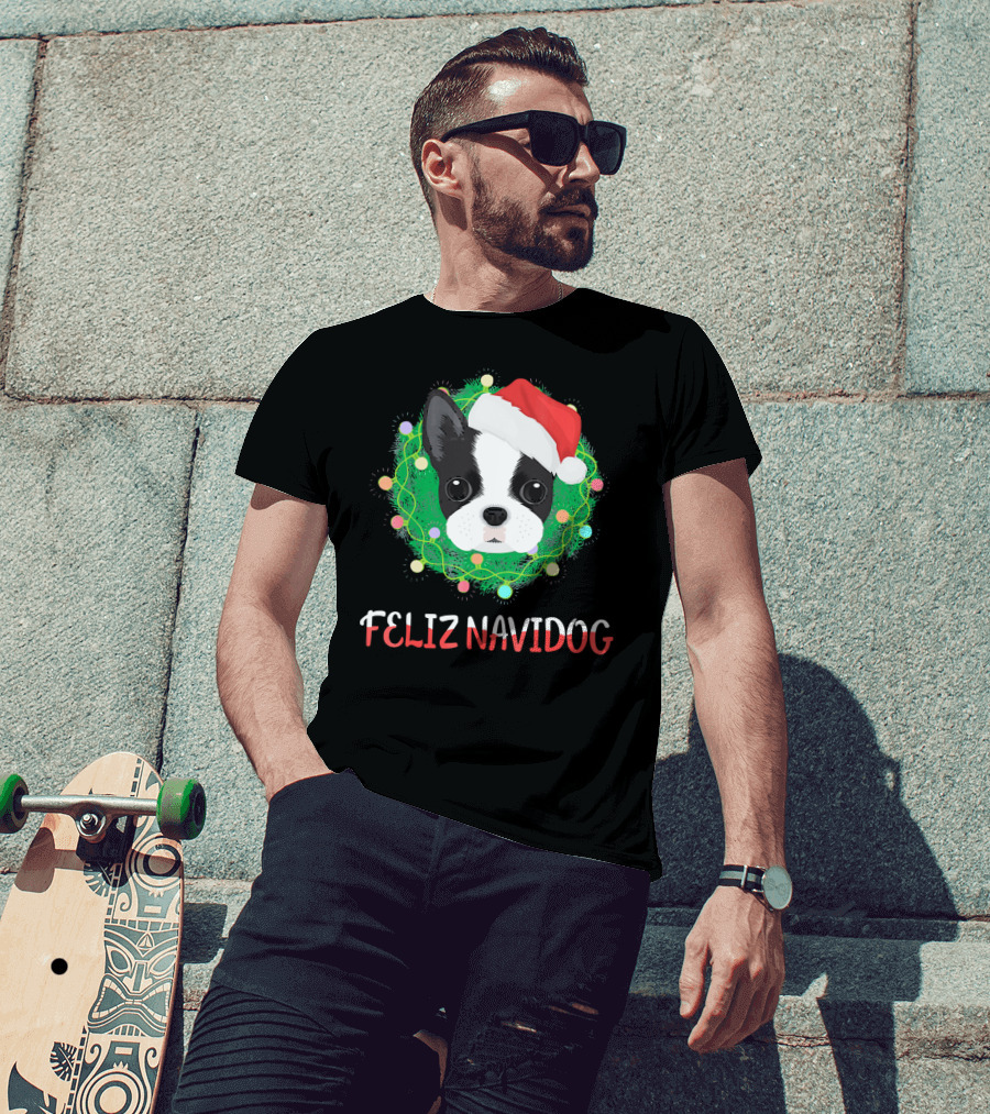 Boston Terrier Feliz Navidog Santa Hat Christmas Wreath T-Shirt