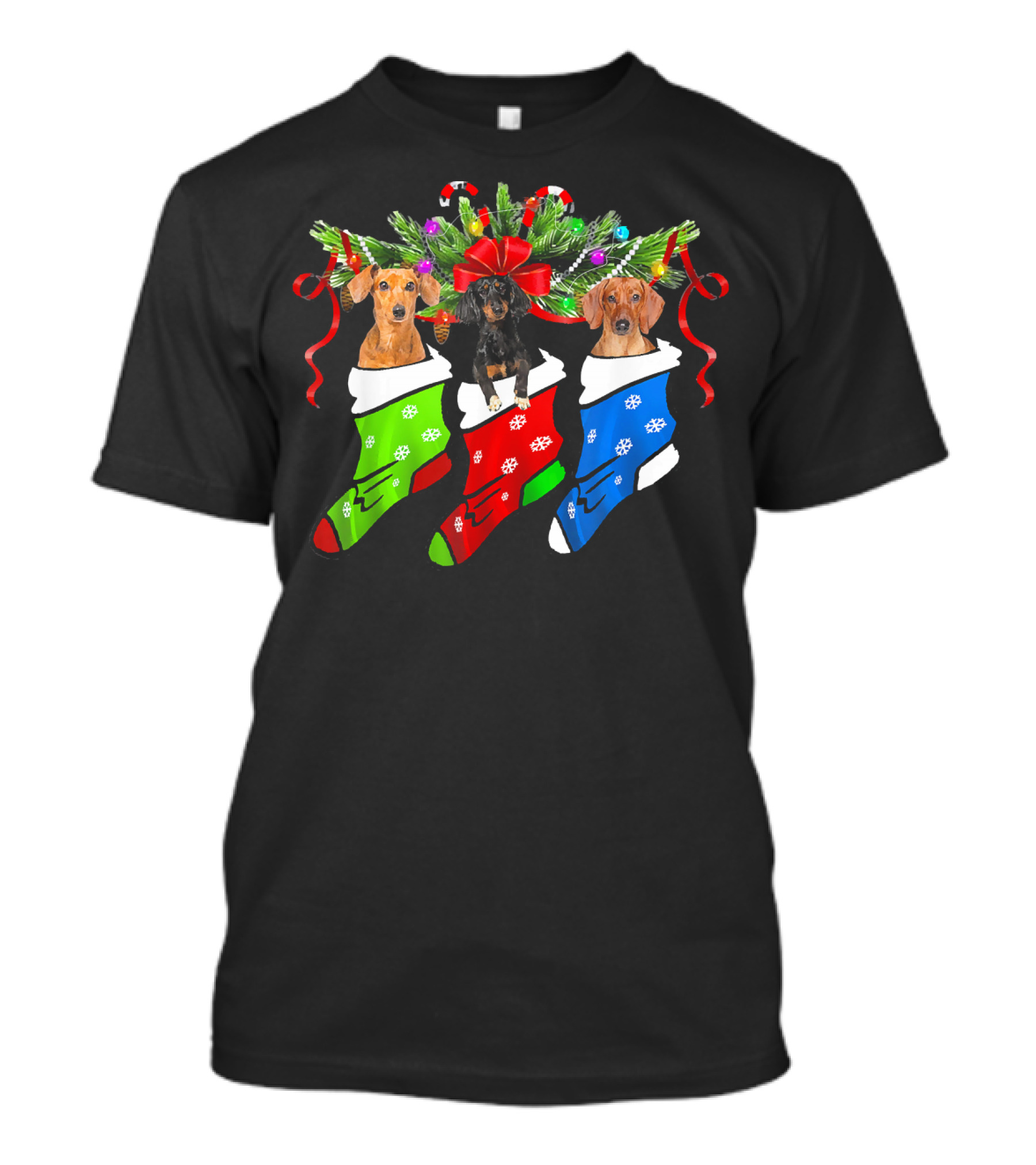 Mens Funny Three Dachshund In Christmas Stockings T-Shirt