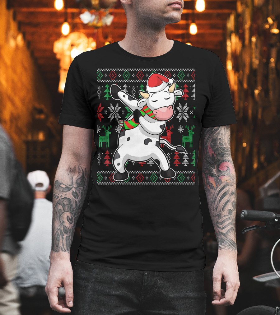 Ugly Christmas Dabbing Santa Cow with Festive Reindeer and Snowflakes T-Shirt