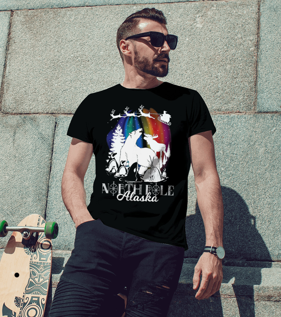 North Pole Alaska Aurora Borealis Polar Bears Reindeer Penguins Santa Sleigh T-Shirt