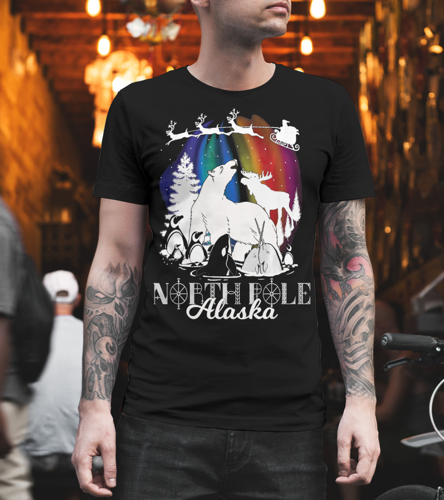 North Pole Alaska Aurora Borealis Polar Bears Reindeer Penguins Santa Sleigh T-Shirt