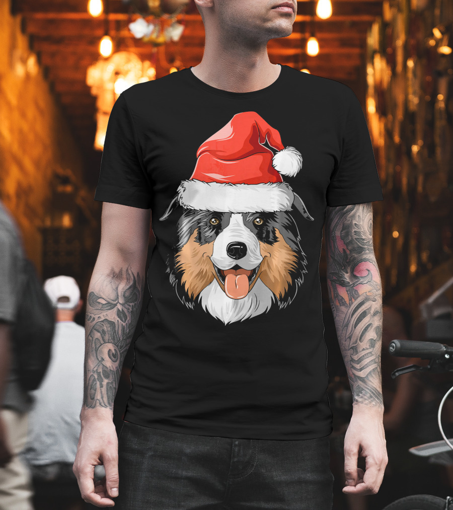Australian Shepherd Dog Wearing Festive Santa Hat T-Shirt