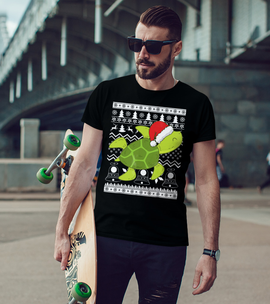 Sea Turtle Santa Holiday Sweater Design With Christmas Bells, Reindeer, Trees, And Snowflakes T-Shirt