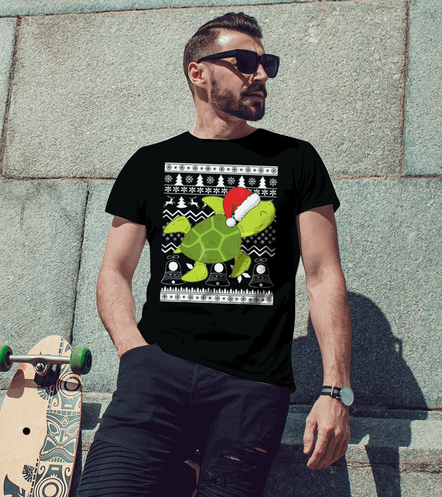 Sea Turtle Santa Holiday Sweater Design With Christmas Bells, Reindeer, Trees, And Snowflakes T-Shirt