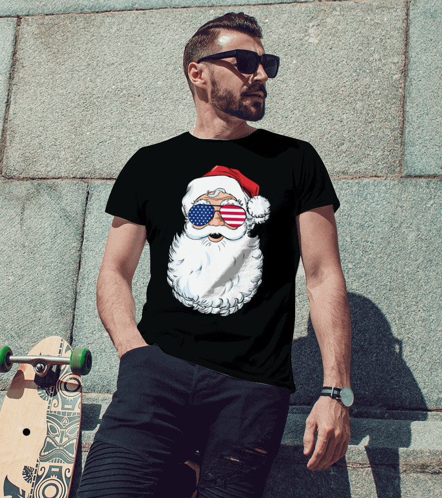 Santa Claus Patriotic USA Sunglasses Christmas T-Shirt