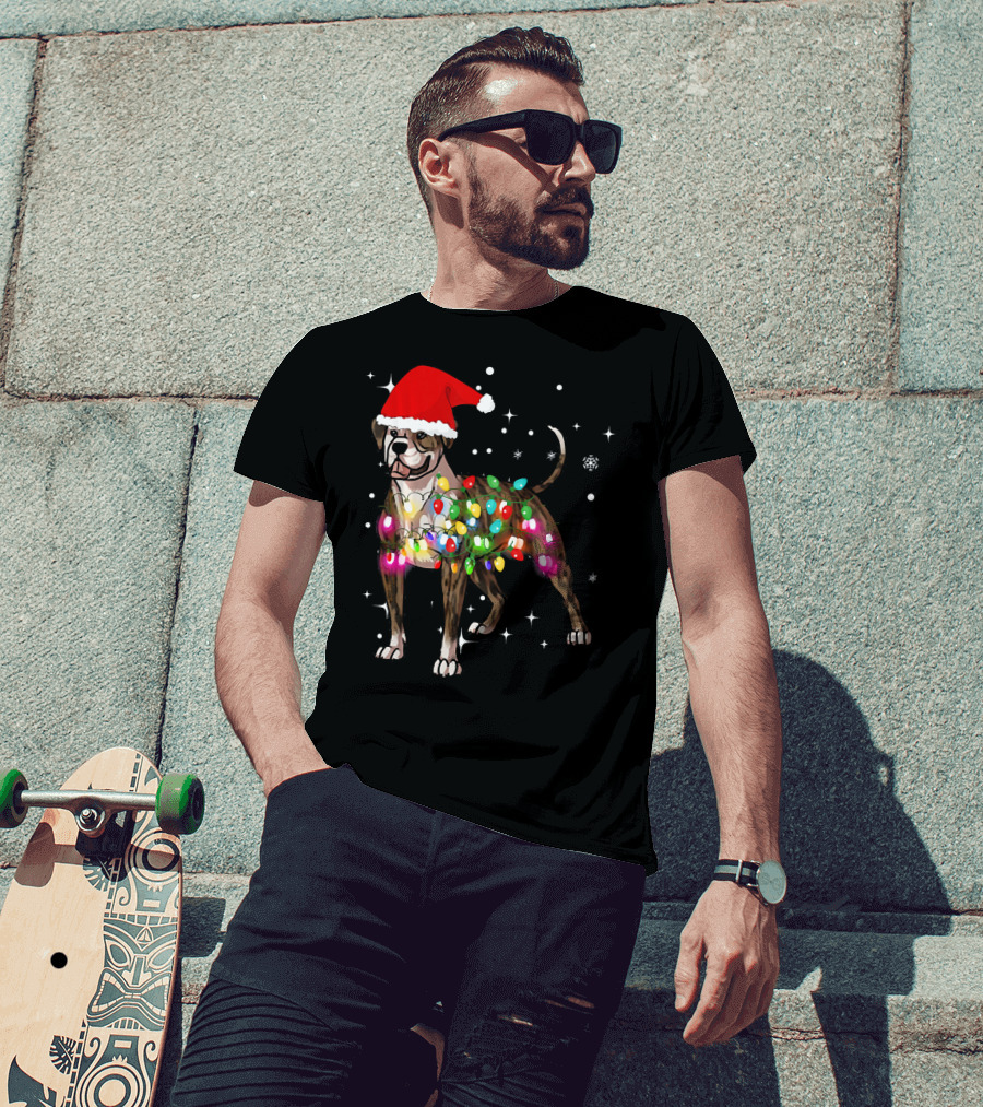 Christmas Lights American Bulldog Santa Hat Snowflakes T-Shirt