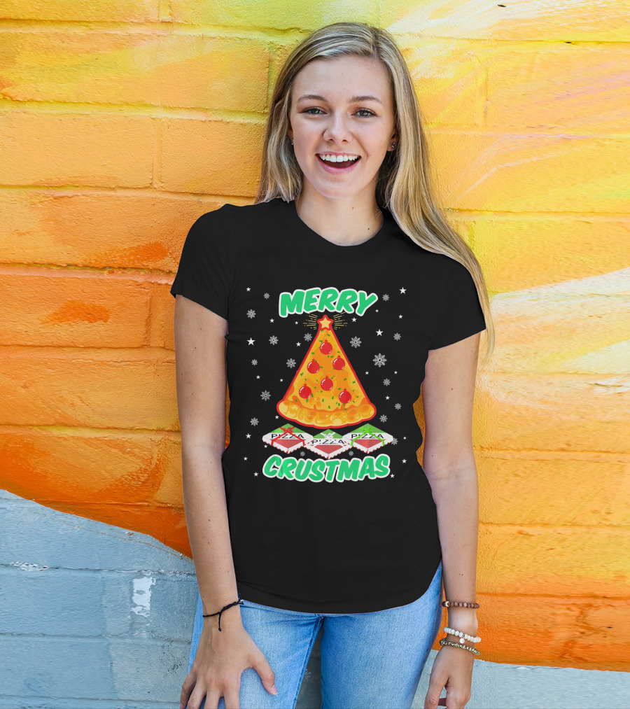 MERRY CRUSTMAS Funny Pizza Christmas Tree With Snowflakes And Pizza Boxes T-Shirt