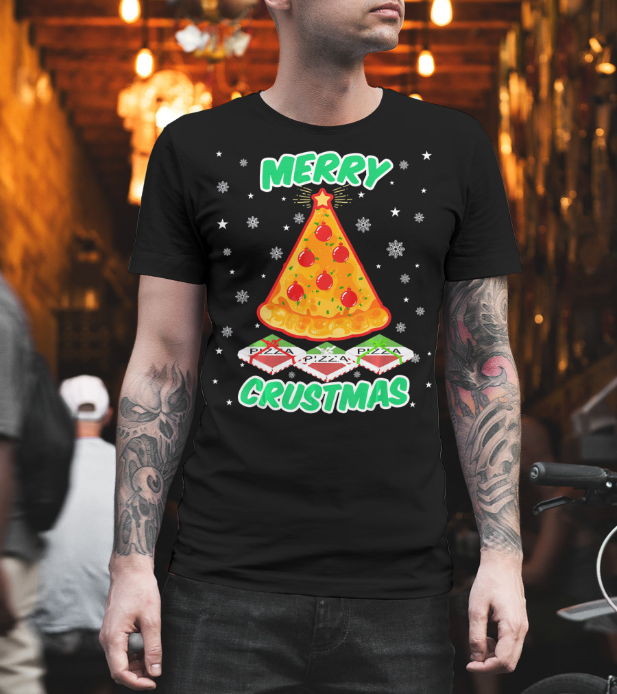MERRY CRUSTMAS Funny Pizza Christmas Tree with Snowflakes and Pizza Boxes T-Shirt