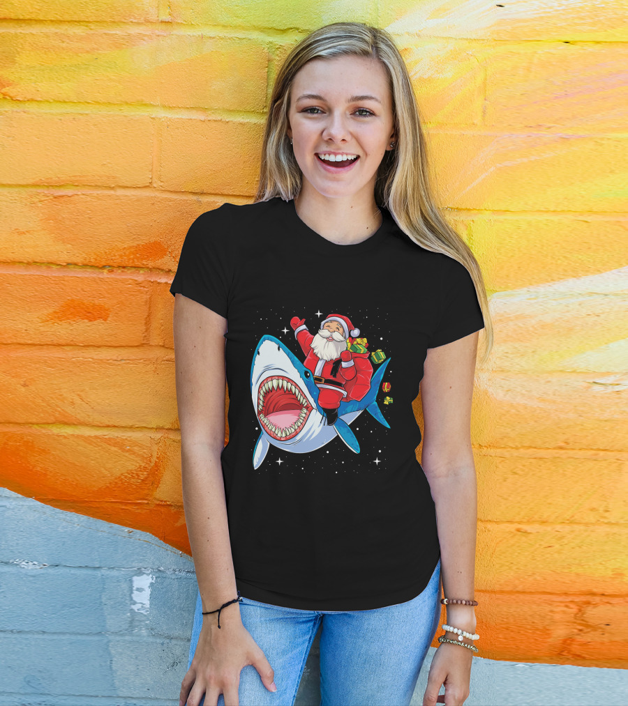 Santa Claus Riding A Shark With Gifts T-Shirt