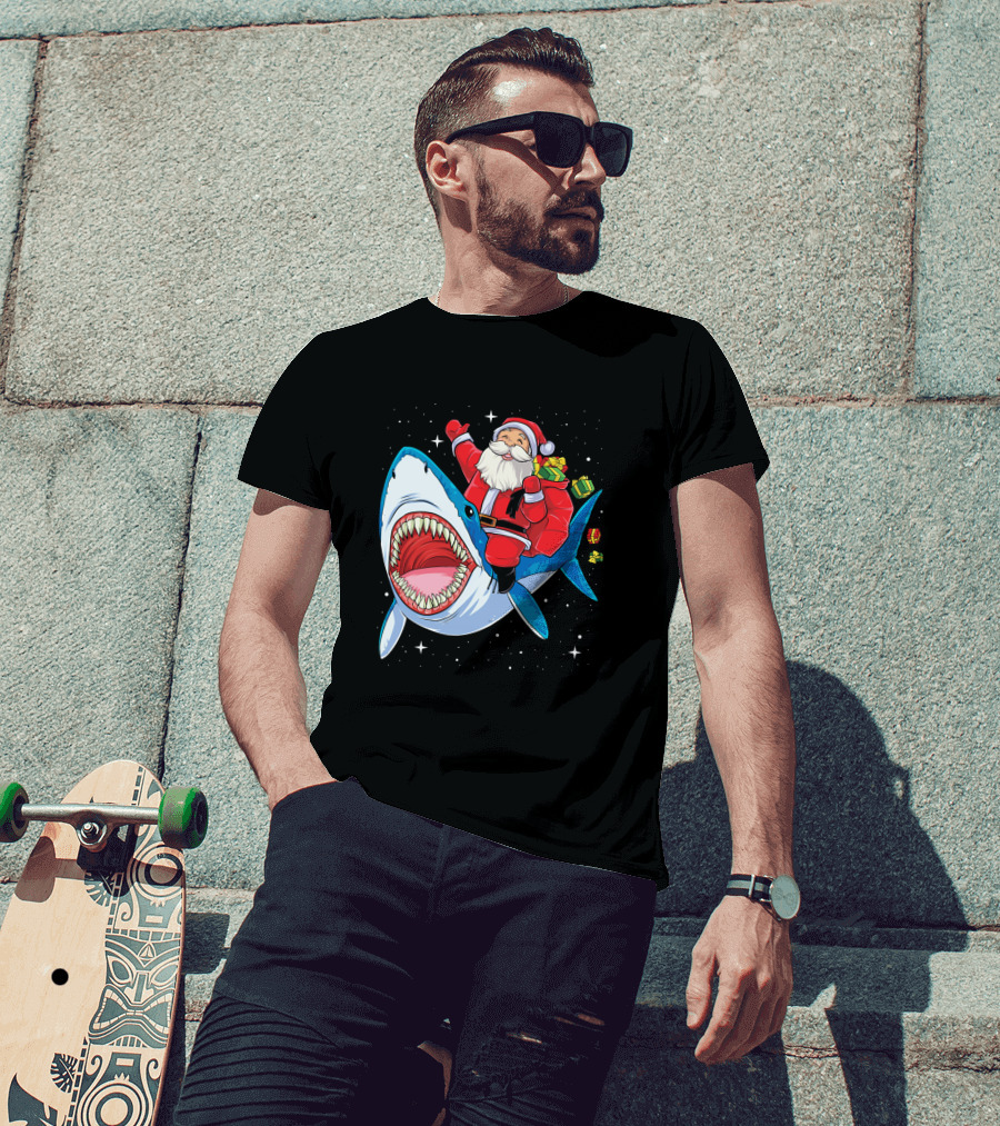 Santa Claus Riding A Shark With Gifts T-Shirt