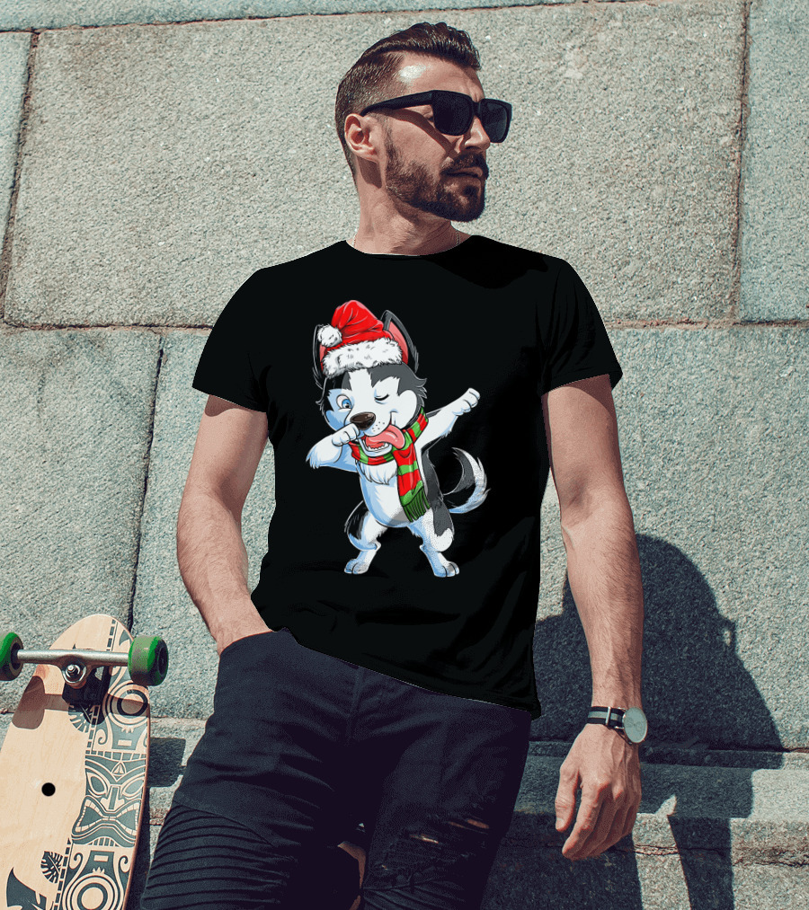 Dabbing Siberian Husky Santa Christmas Dog With Scarf T-Shirt