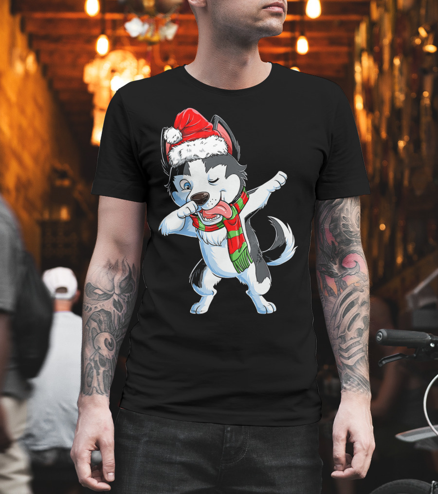 Dabbing Siberian Husky Santa Christmas Dog with Scarf T-Shirt