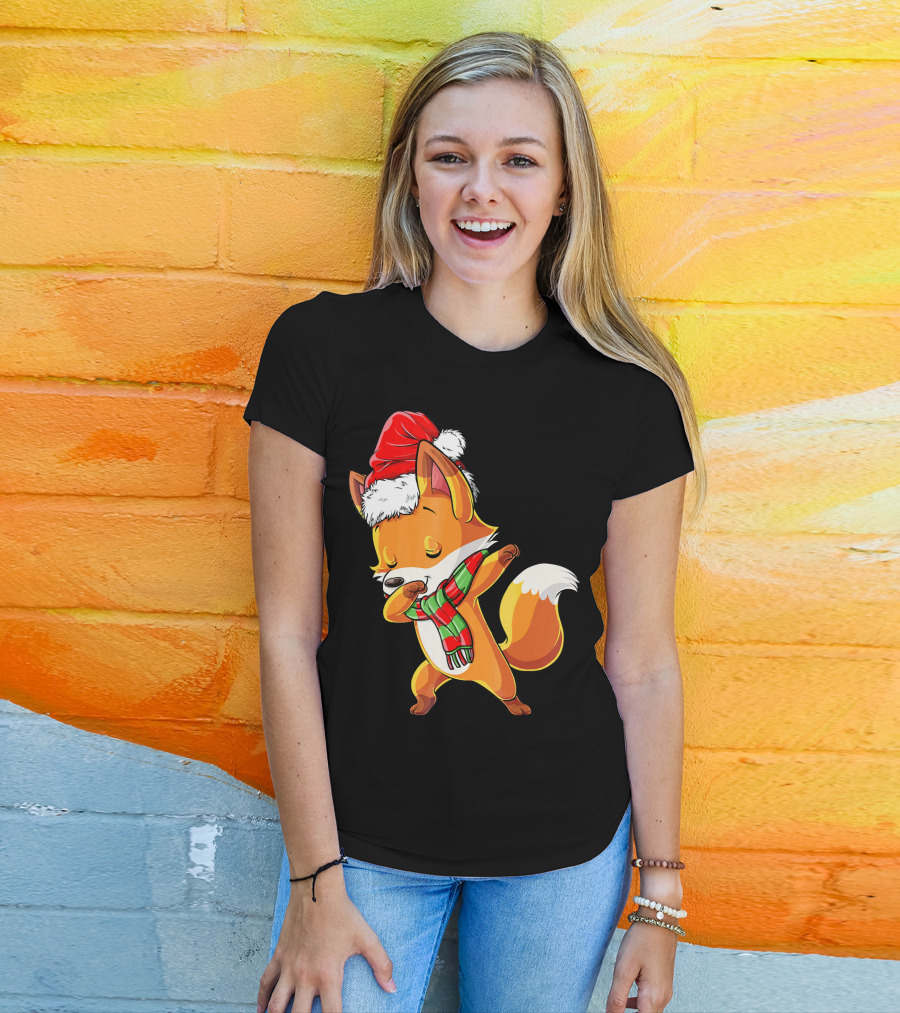 Christmas Dab Fox With Santa Hat And Scarf T-Shirt