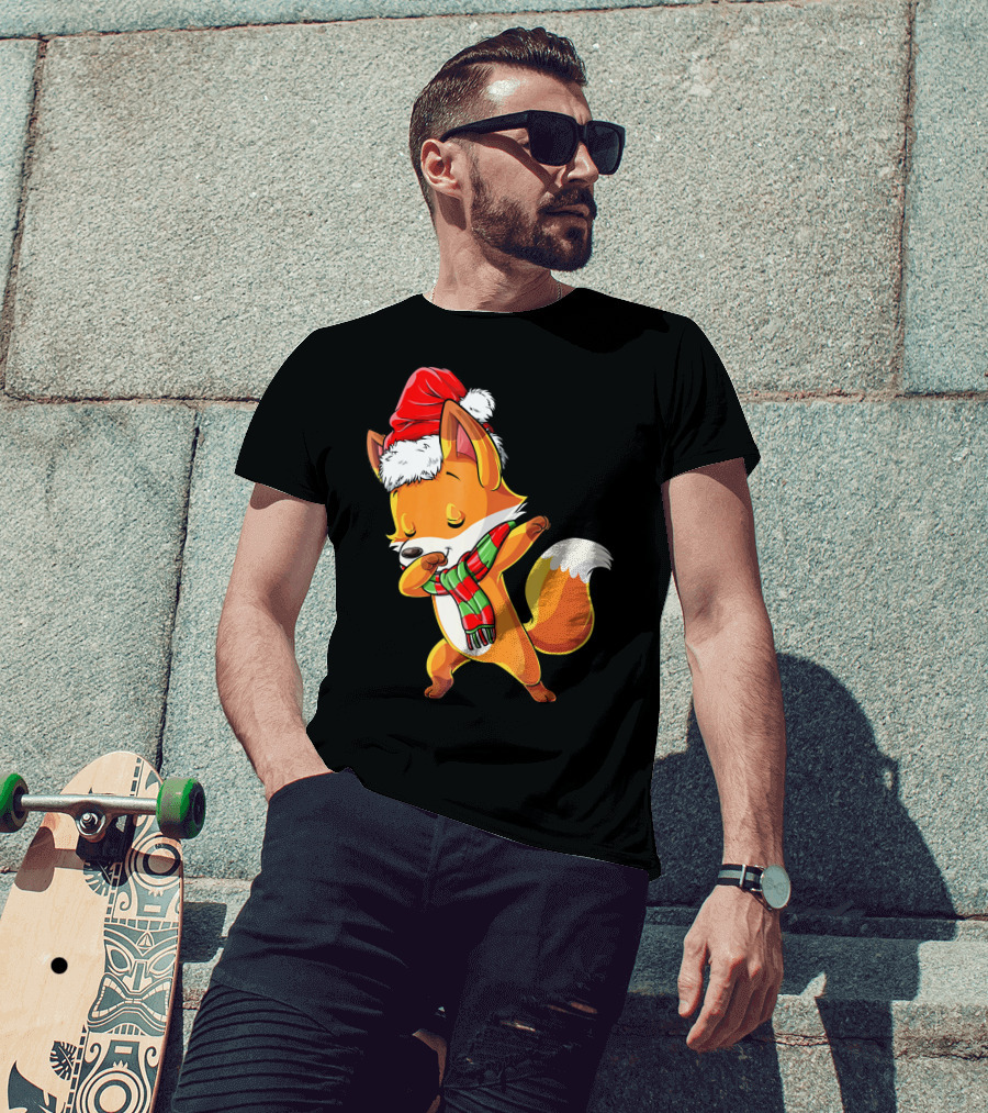 Christmas Dab Fox With Santa Hat And Scarf T-Shirt