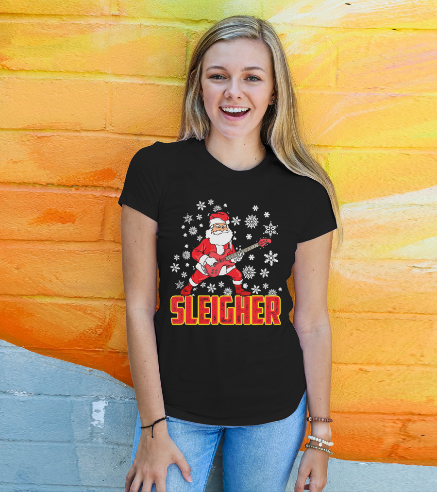 Sleigher Santa Claus With Guitar And Snowflakes T-Shirt