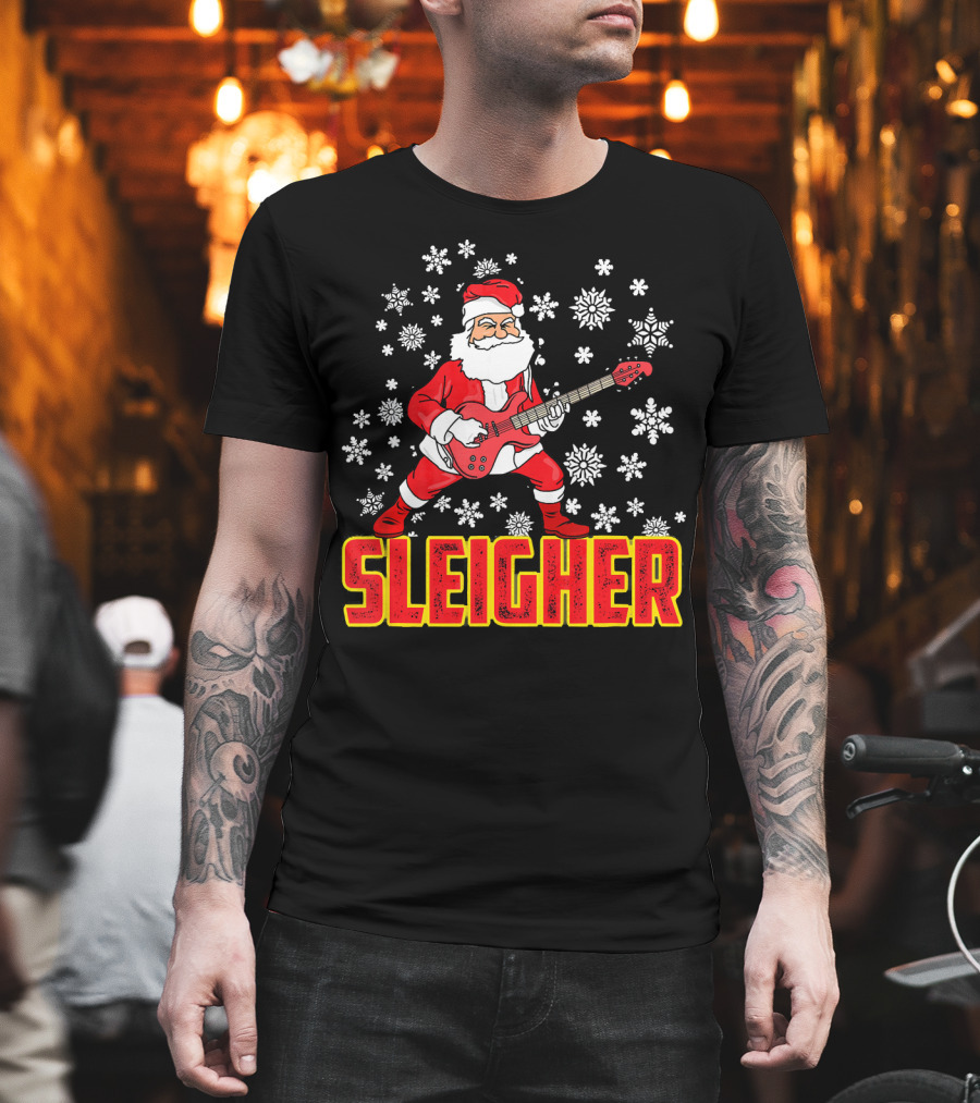 Sleigher Santa Claus with Guitar and Snowflakes T-Shirt