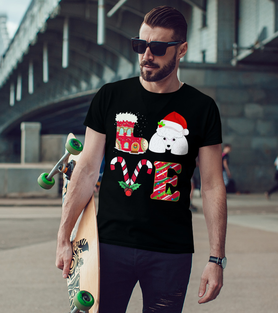 I Love My Poodle Funny Christmas Poodle Candy Cane Santa Hat Holiday Boot T-Shirt