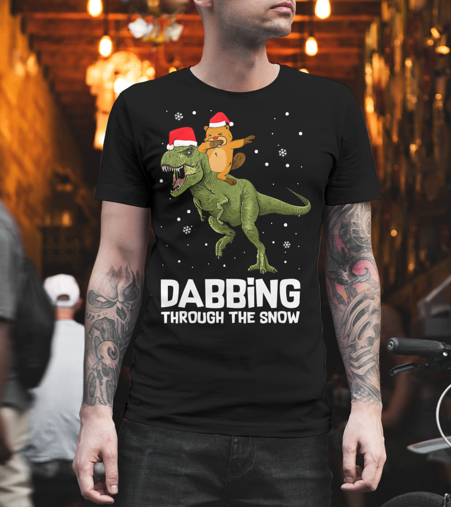 Beaver Dabbing On Dinosaur Wearing Santa Hats Dabbing Through The Snow T-Shirt