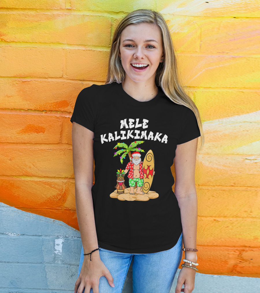 Mele Kalikimaka Santa With Surfboard And Tropical Tiki Palm Tree T-Shirt
