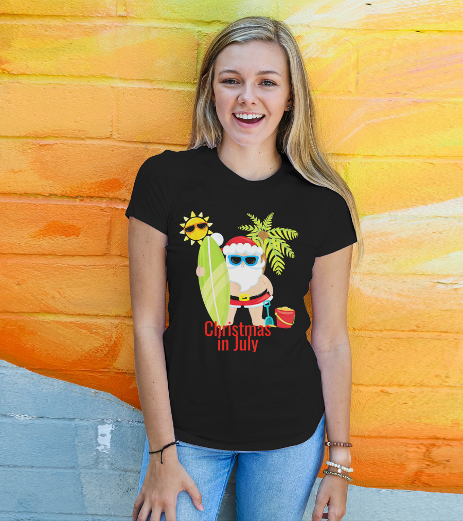 Christmas In July Beach Santa Surfer Sunny Holiday Fun T-Shirt