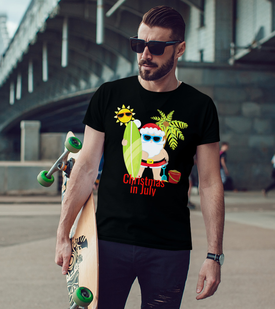 Christmas In July Beach Santa Surfer Sunny Holiday Fun T-Shirt