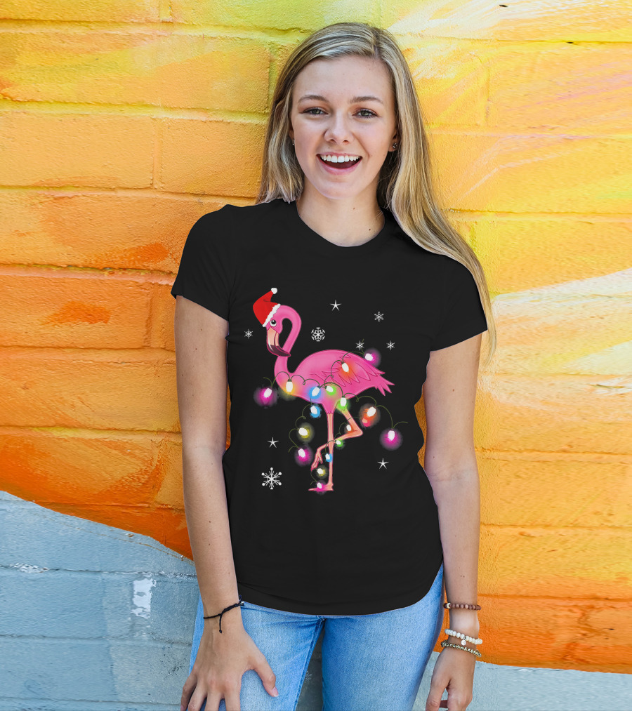 Pink Flamingo Christmas Lights And Santa Hat T-Shirt