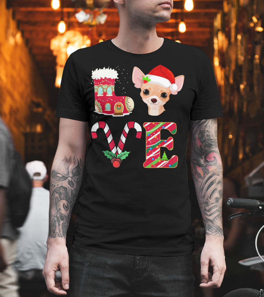 I Love My Chihuahua Christmas Theme with Santa Hat and Holiday Decorations T-Shirt