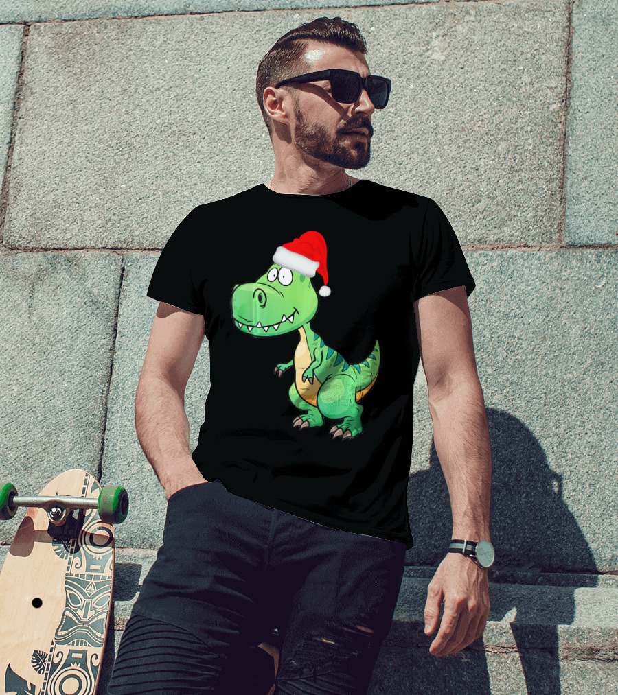 Santa Dinosaur Christmas T-Rex With Santa Hat T-Shirt