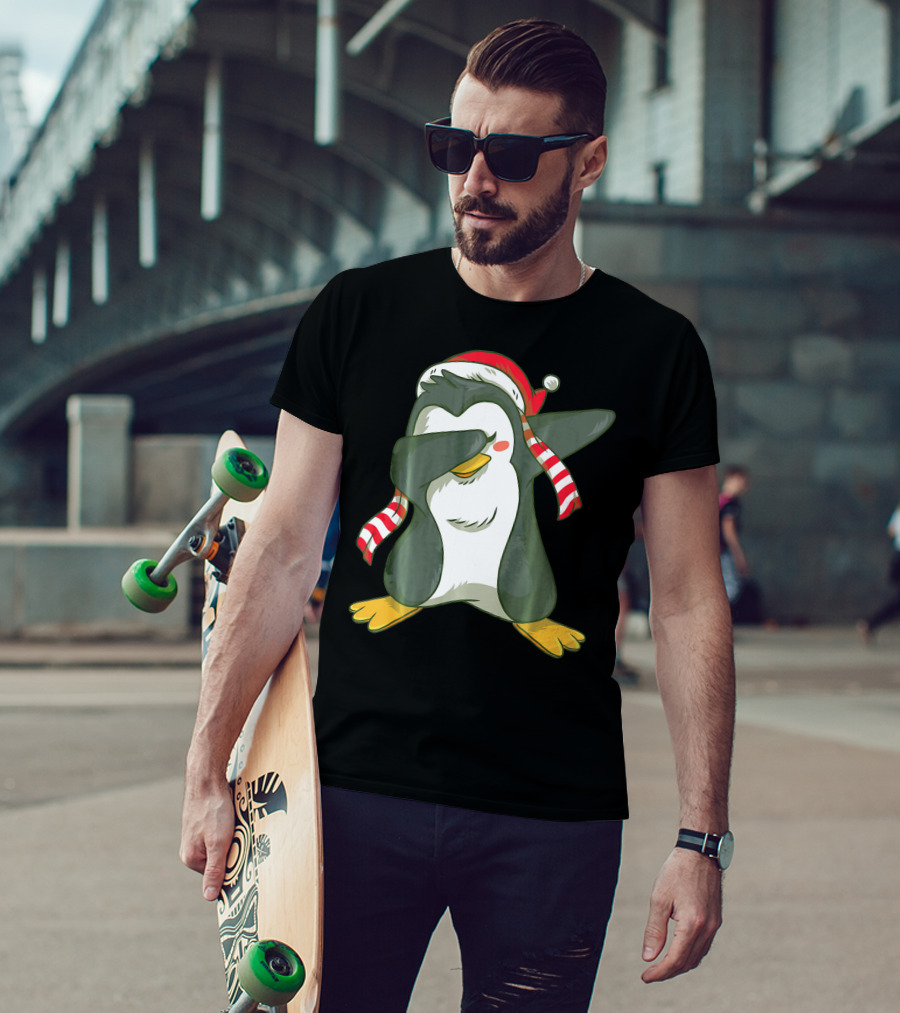 Dabbing Penguin In Santa Hat With Striped Scarf T-Shirt