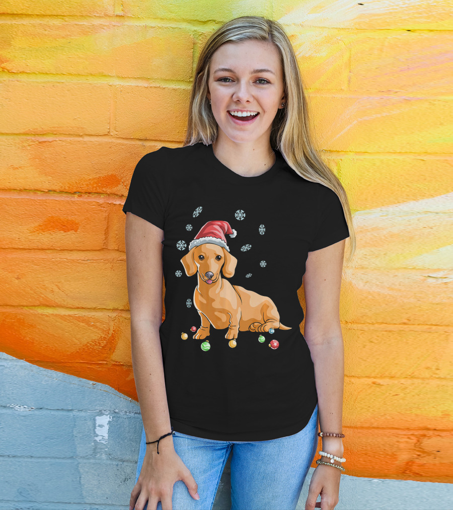 Wiener Dog Dachshund Puppy Santa Hat Snowflakes Holiday T-Shirt